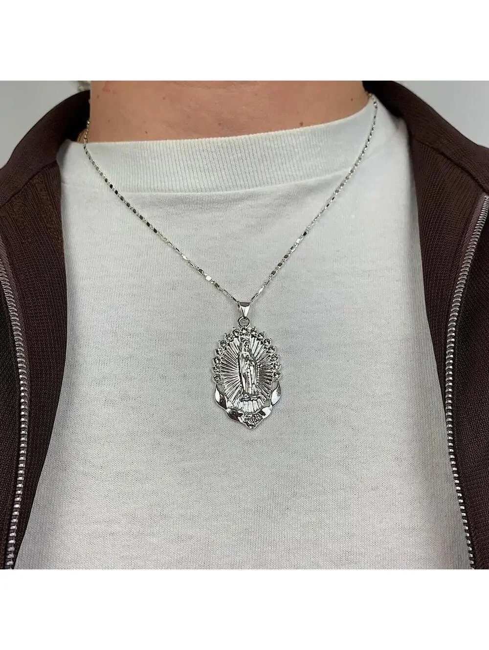 Silver Saint Marry rhinestone pendant y2k 90s style necklace chain. Grunge punk